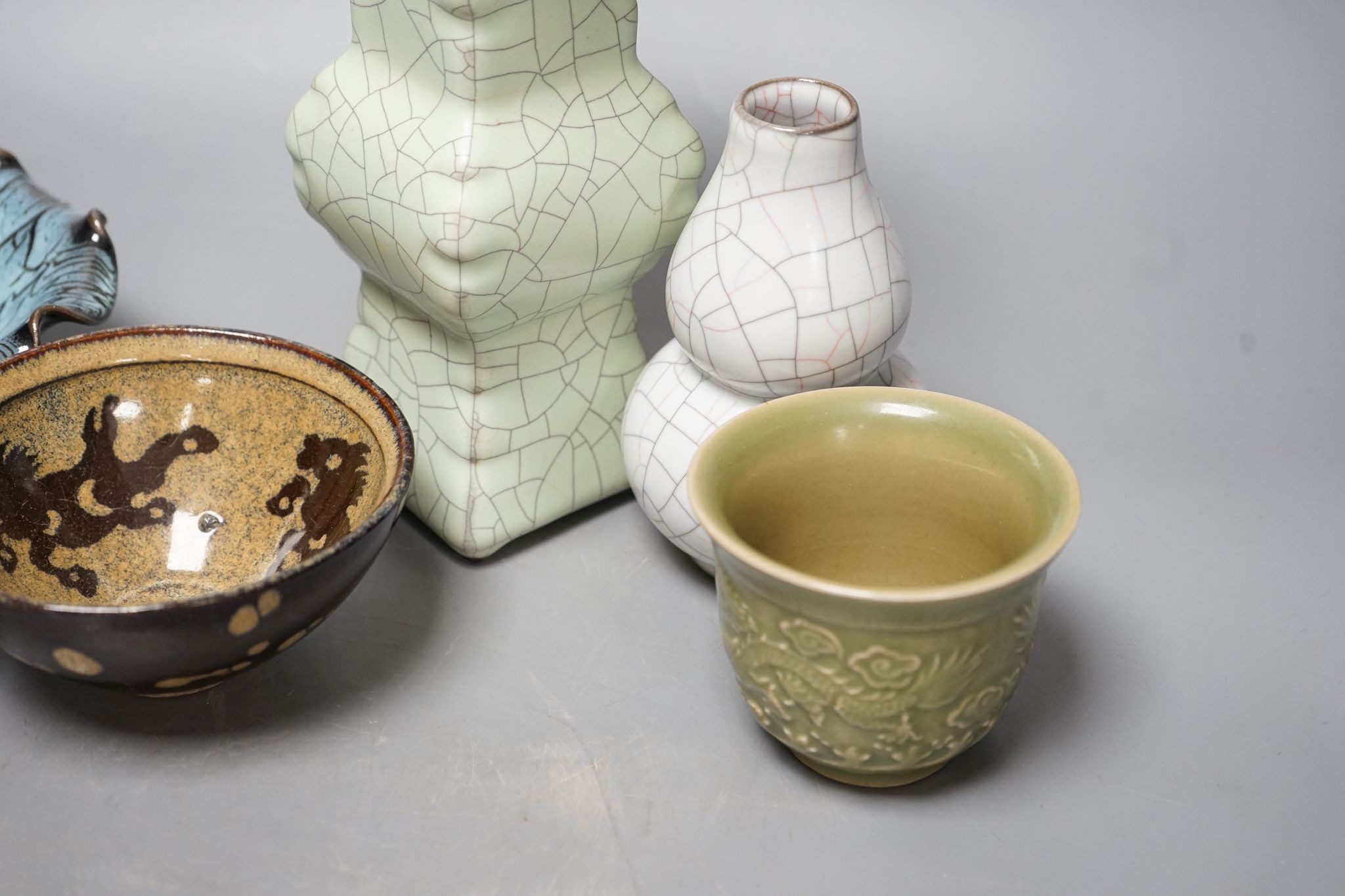 Chinese ceramics: three bowls, a cup and two vases, tallest vase 23cm
